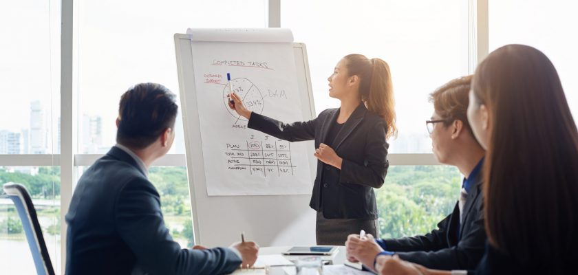 Attractive Businesswoman Holding Meeting Attractive Asian businesswoman with ponytail pointing at diagram on marker board while holding working meeting in spacious boardroom